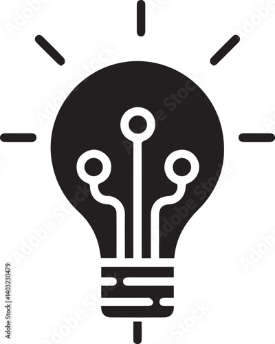 Light bulb icon, circuit board design, black and white illustration, minimalist technology concept, innovative thinking symbol, digital idea representation, simplified electronic