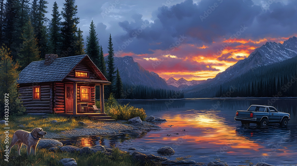 Fototapeta premium A log cabin nestled by a serene lake at sunset, reflecting tranquility.