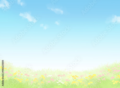 青空と花畑のある風景