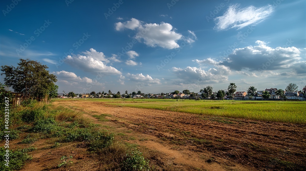Fototapeta premium Wide-Angle Photo of Fresh Dirt Patch with Green Grass Field, Houses, and Blue Sky on a Bright Sunny Day – Suburban Outdoor Landscape