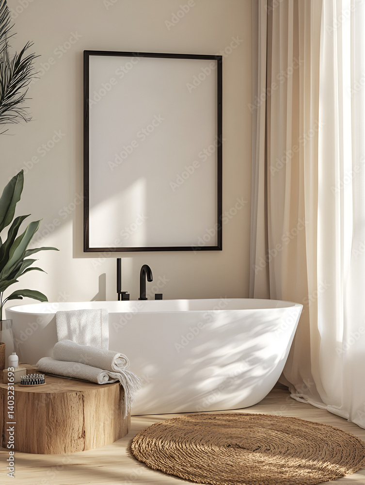 Fototapeta premium Modern minimalist bathroom with bathtub and framed art