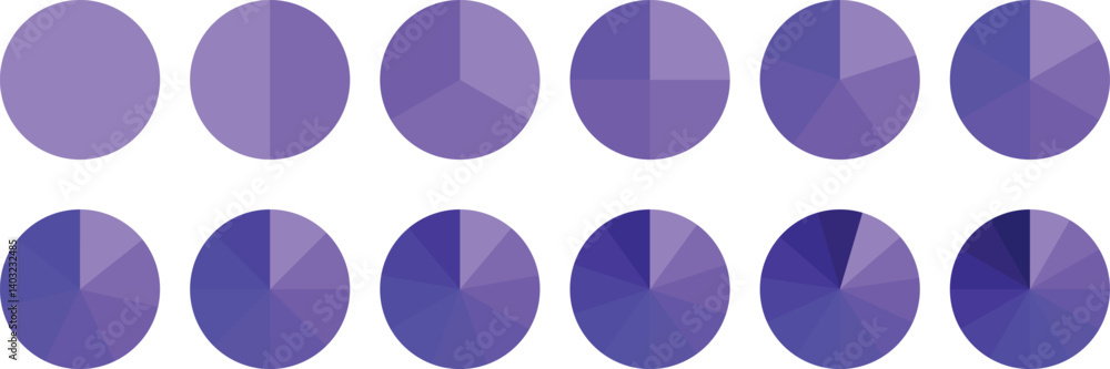Pie chart set, segmented circle icons, circle diagram. Pie chart divided 1,2,3,4,5,6 equal parts. Color pizza or donut round diagram. Infographic wheel segment or sections parts. Vector illustration Pie chart set, segmented circle icons, circle diagram. Pie chart divided 1,2,3,4,5,6 equal parts. Color pizza or donut round diagram. Infographic wheel segment or sections parts. Vector illustration