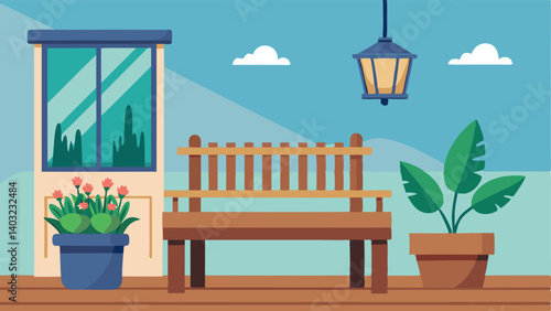 A small balcony with a wooden bench a few potted plants and a hanging lantern.
