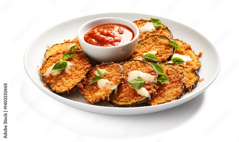A white scalloped ceramic plate featuring crispy golden-brown breaded eggplant slice on a transparent background A white scalloped ceramic plate featuring crispy golden-brown breaded eggplant slice on a transparent background