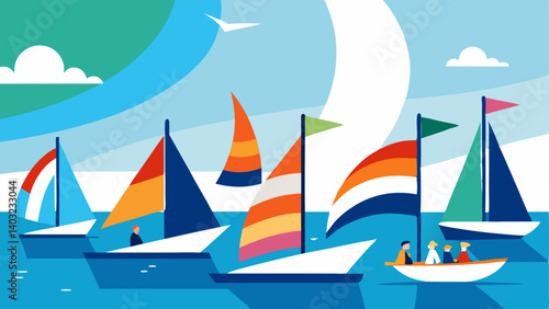 Sailing Regatta An exciting scene with several colorful adaptive sailboats participating in a regatta with flags and banners promoting inclusivity on the water.