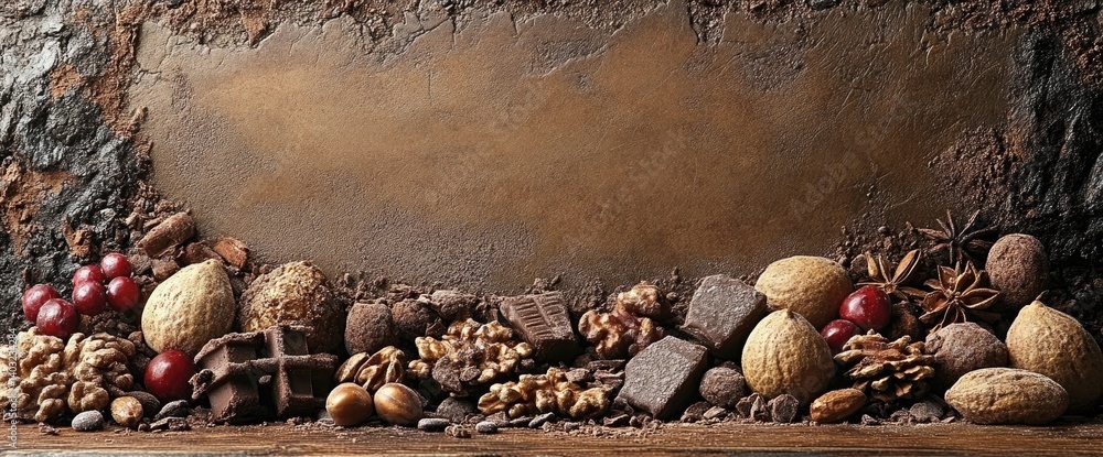 Rustic display of nuts, chocolate, star anise, and cherries