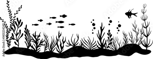 Undersea or aquarium lanscape silhouette.  Underwater plants, corals and reef wildlife scene. Vector illustration with deep marine inhabitants. Black vector border.