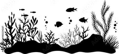 Undersea or aquarium landscape silhouette.  Underwater plants, corals and reef wildlife scene. Vector illustration with deep marine inhabitants. Black vector border.