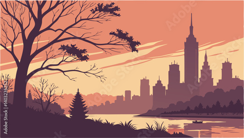city skyline at sunset