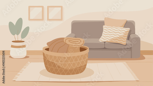 A woven jute basket filled with soft neutraltoned blankets and pillows sits in the corner of a living room.