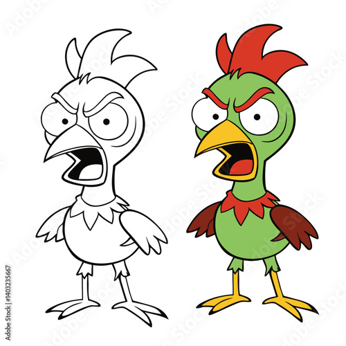 An angry zombie chicken with glowing eyes, ragged feathers, and a terrifying stare, clucks menacingly as it stumbles forward, seeking revenge in undead rage.