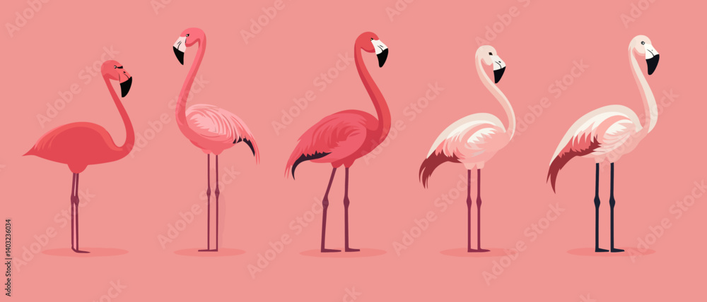 Obraz premium Flamingo illustration set pink birds tropical wildlife avian design art