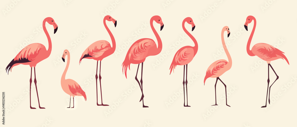 Obraz premium Flamingos vector illustration of pink birds tropical wildlife design art