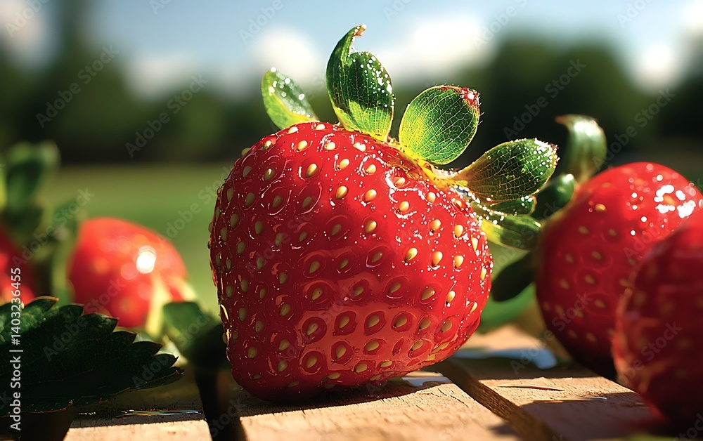 Ripe Strawberry Closeup with Sunny Day.