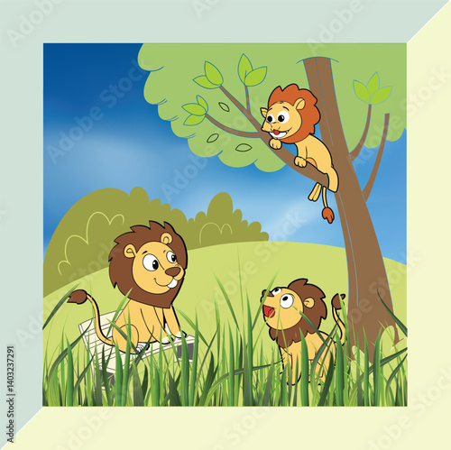 Three lion cubs playing together on a sandy plain in warm golden hour light