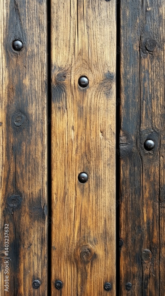 Close-up shows weathered wood planks, dark stains, and metal rivets. Texture and rustic charm are prominent
