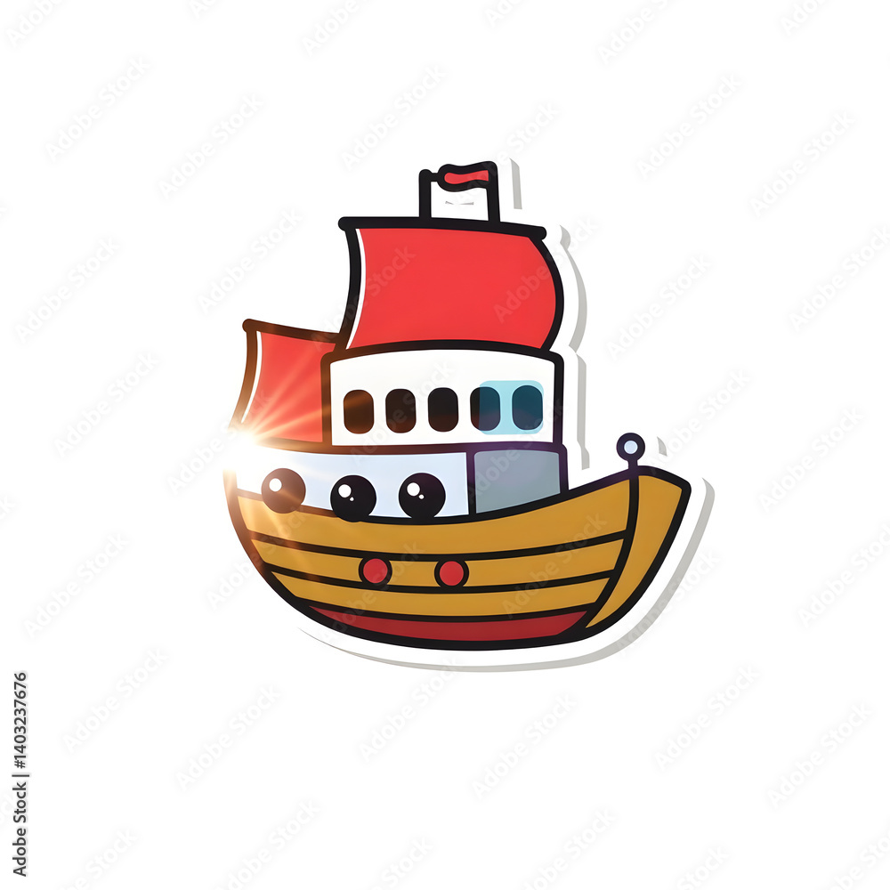 Obraz premium Abstract vector kawaii style ship sticker with bright lens flare contrasting colors and contour lines set against a big white background art illustration design
