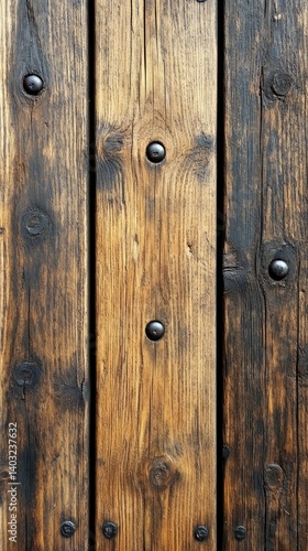 Obraz na płótnie Close-up shows weathered wood planks, dark stains, and metal rivets. Texture and rustic charm are prominent w salonie
