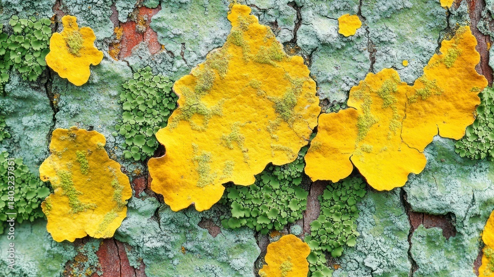Obraz premium Yellow lichen growth on bark, forest background, nature texture, botanical study