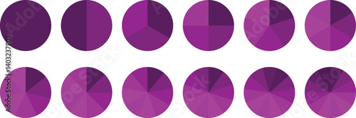 Pie chart set, segmented circle icons, circle diagram. Pie chart divided 1,2,3,4,5,6 equal parts. Color pizza or donut round diagram. Infographic wheel segment or sections parts. Vector illustration