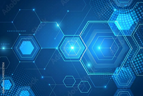Abstract Hexagon Network:  An abstract digital network of interconnected blue hexagons with glowing lights, representing the concepts of connectivity, technology, and data flow.