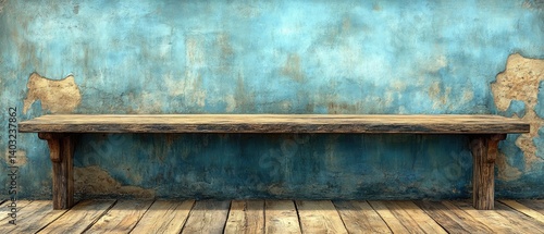 Rustic background Wooden bench against a blue peeling wall and light brown planks flooring