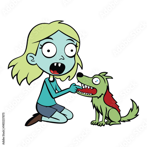 A ghoulish female zombie, with pale, decaying skin and glowing eyes, hungrily devours a dog, her mouth dripping with blood as she feasts in a dark, eerie setting.
