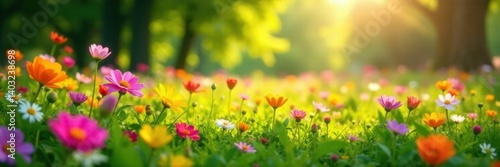 Vibrant blooms, sun-drenched meadow, lush greenery, field, roses