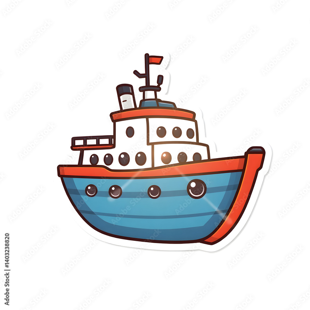 Obraz premium Abstract vector kawaii style ship sticker with bright lens flare contrasting colors and contour lines set against a big white background art illustration design