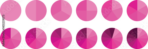 Pie chart set, segmented circle icons, circle diagram. Pie chart divided 1,2,3,4,5,6 equal parts. Color pizza or donut round diagram. Infographic wheel segment or sections parts. Vector illustration