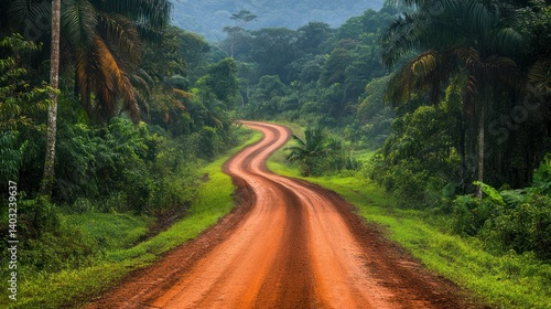 Winding red dirt road through lush tropical rainforest