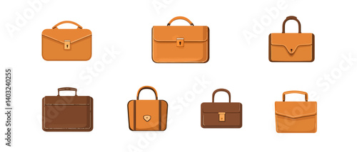 Portfolio briefcase vector set, leather business bag collection for work use