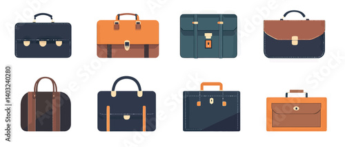 Briefcase vector set, business bags, leather portfolio, travel luggage art