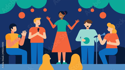 Sign Language Performers A stage featuring performers using sign language to share stories and music with an enthusiastic audience that includes people with hearing impairments.