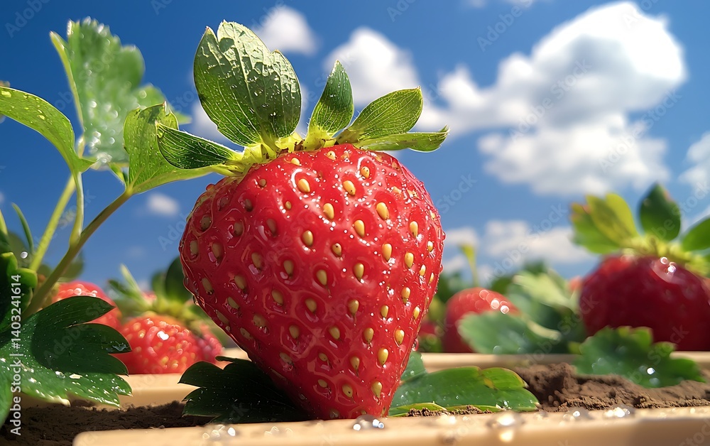 Ripe Strawberry Field with Sunny Day.
