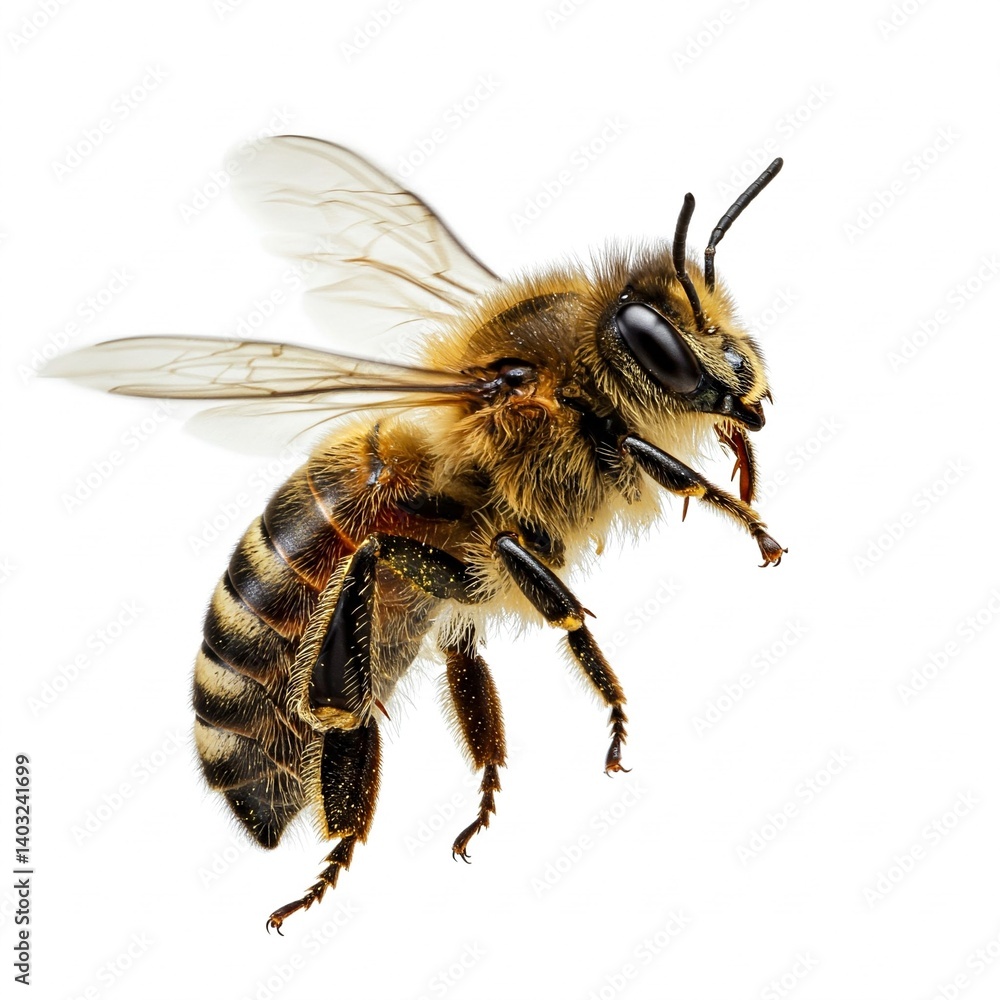 Close-up of honey bee isolated on white background showing wings and yellow body
Close-up of honey bee isolated on white background showing wings and yellow body