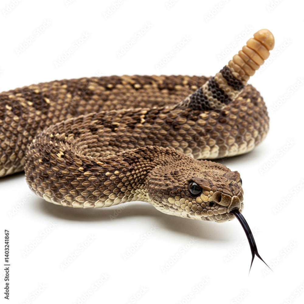 Obraz premium Venomous rattlesnake isolated on white background with coiled body and visible rattles 