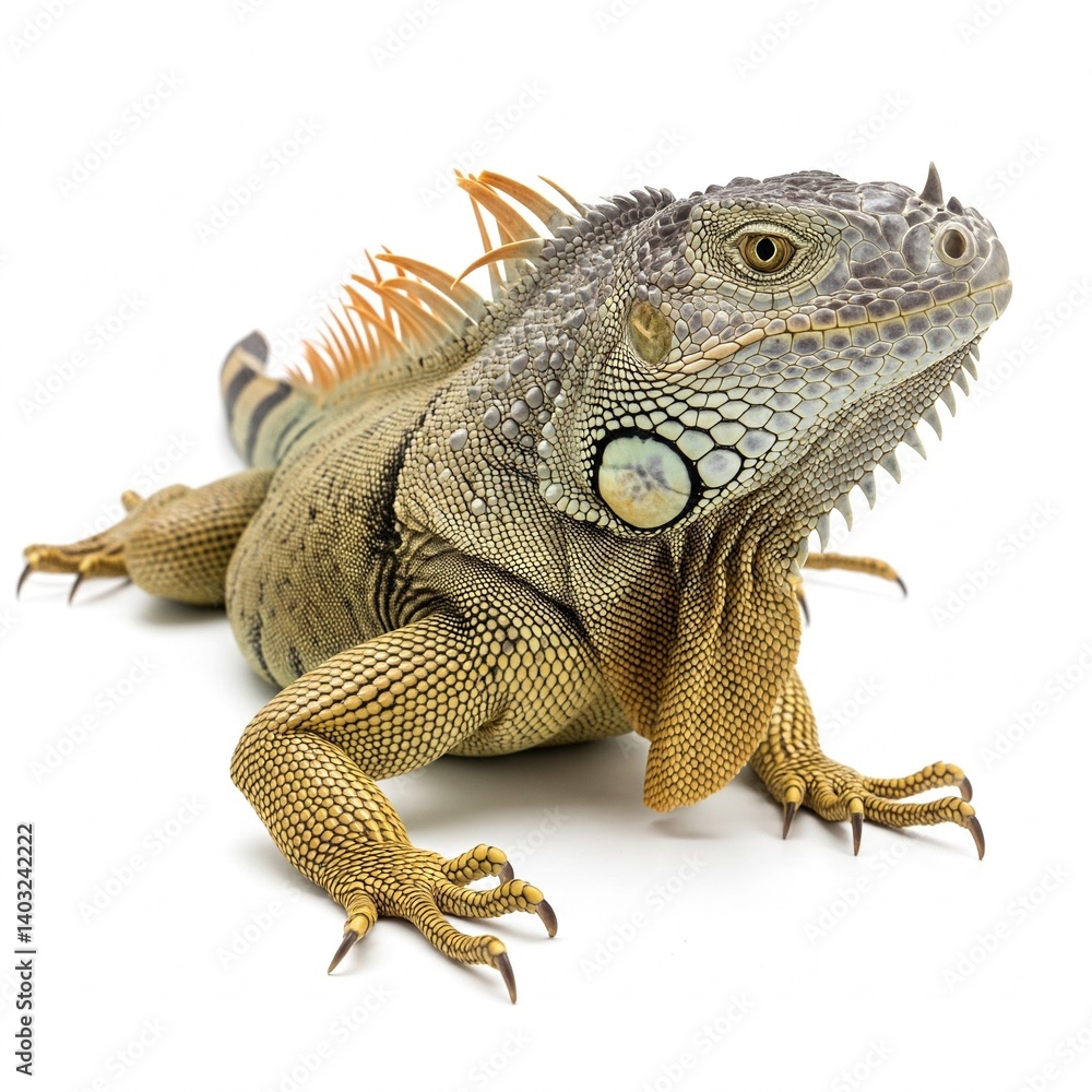 Obraz premium Iguana positioned on white background with textured green skin and calm posture 