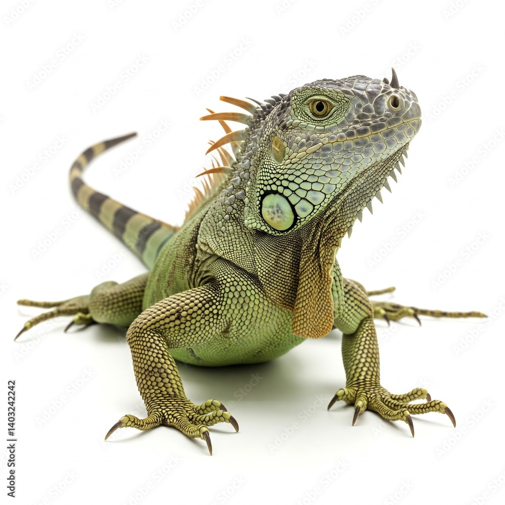Obraz premium Iguana with green skin placed on white background showing natural posture calmly 