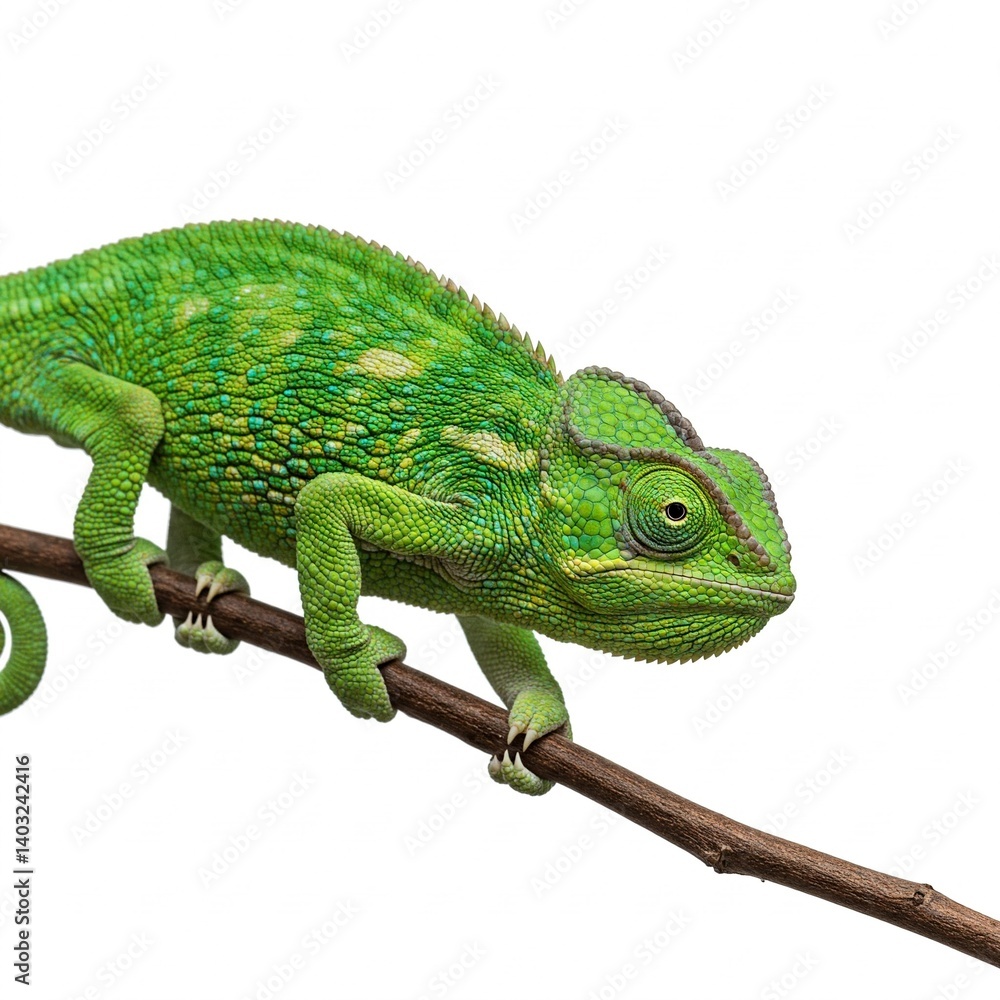 Fototapeta premium Chameleon perched on white background with vibrant scales and curled tail 