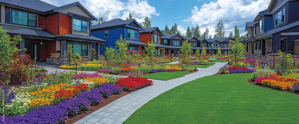 Colorful homes are situated on a street with beautiful flowers and green grass and a stone walkway