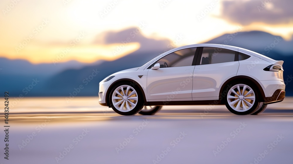 White SUV on a Beach Road During Sunset with Mountains in the Background White SUV on a Beach Road During Sunset with Mountains in the Background