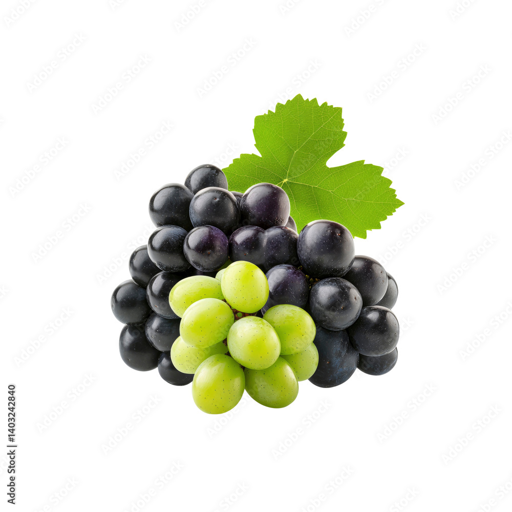 Fototapeta premium Lush Bunch of Green and Black Grapes with Leaf