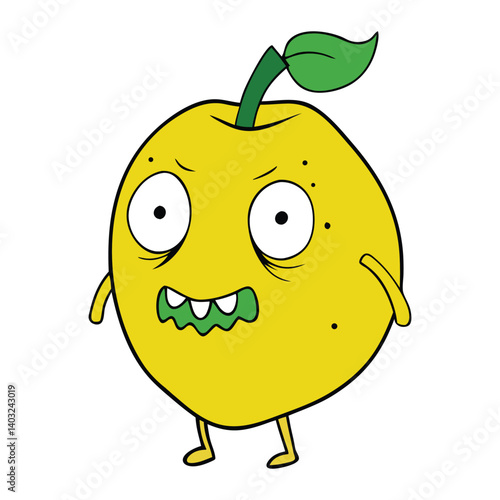 A creepy zombie-apple-lemon monster with rotting skin, sharp fangs, and glowing eyes—oozing citrus slime and thirsting for fruity brains in a twisted orchard of doom!