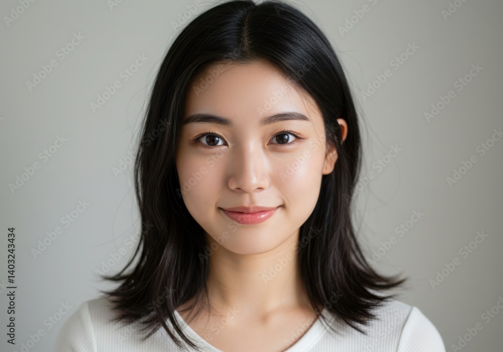Portrait of a young asian woman with dark hair smiling softly at the camera on a neutral background Portrait of a young asian woman with dark hair smiling softly at the camera on a neutral background