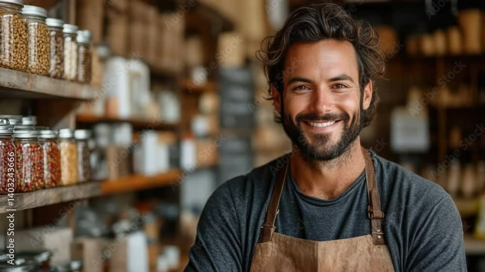 Smiling Shop Owner: A friendly, bearded man with a warm smile stands in his shop, wearing an apron amongst shelves of various jars filled with grains and legumes. Smiling Shop Owner: A friendly, bearded man with a warm smile stands in his shop, wearing an apron amongst shelves of various jars filled with grains and legumes.
