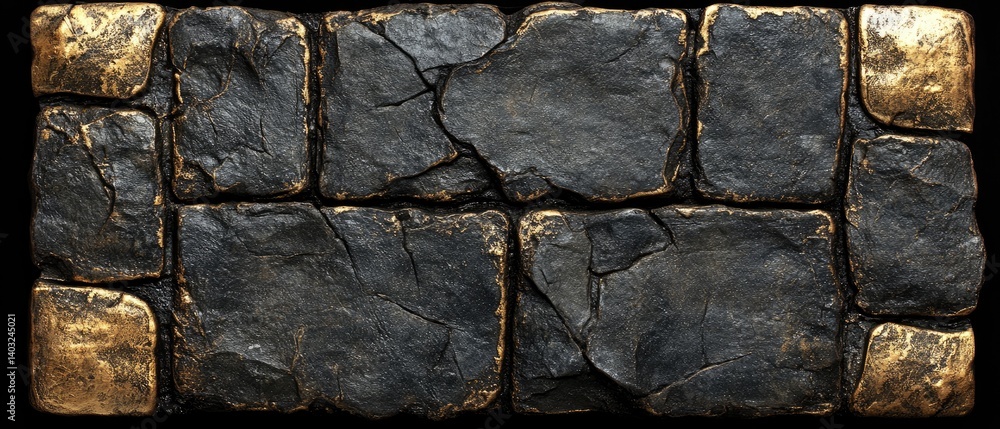 Stone wall texture with cracks & gold accents, rectangular format, two rows