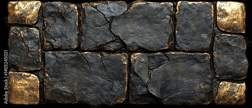 Obraz na płótnie Stone wall texture with cracks & gold accents, rectangular format, two rows w salonie