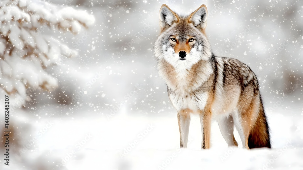 Coyote Stand Alone in a Snowy Forest during a Winter Storm Creating a Serene Atmosphere Coyote Stand Alone in a Snowy Forest during a Winter Storm Creating a Serene Atmosphere