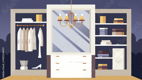 A walkin closet with allwhite shelves and drawers and a pop of glamour from a goldframed fulllength mirror and a crystal chandelier.